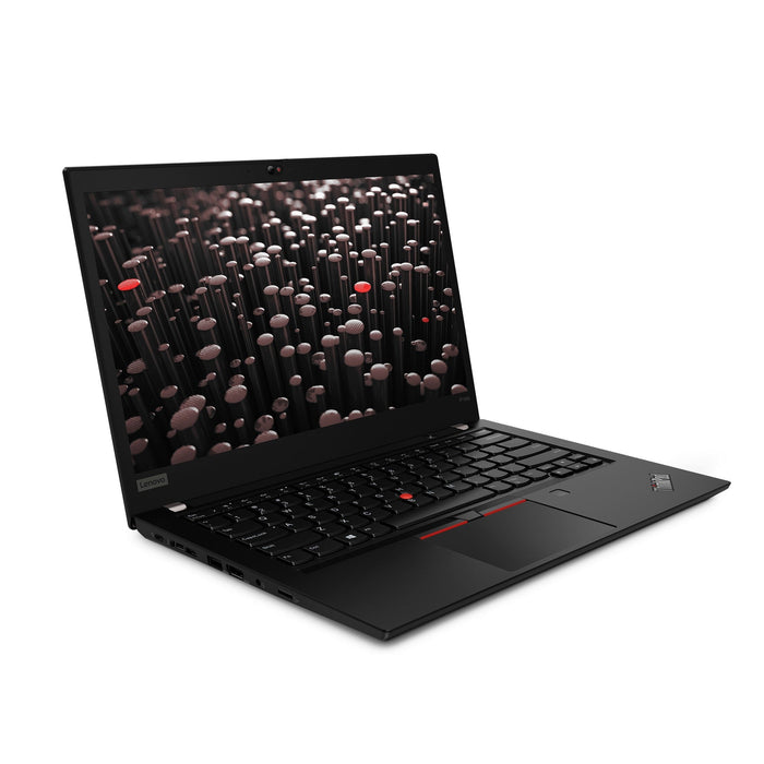 Lenovo ThinkPad P14s G2 14-inch laptop with a touch screen, shown from a front angle with the screen on, displaying a patterned wallpaper.